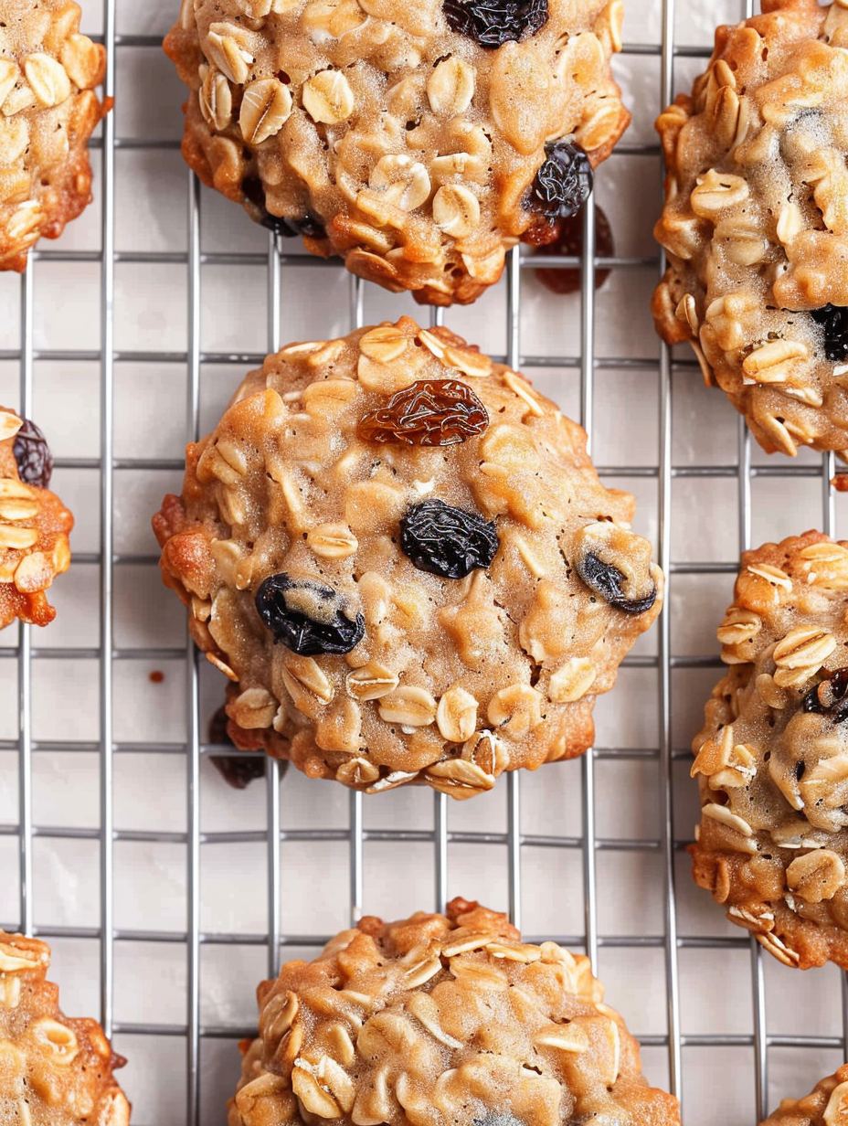 Freshly baked oatmeal raisin cookies cooling on a rack