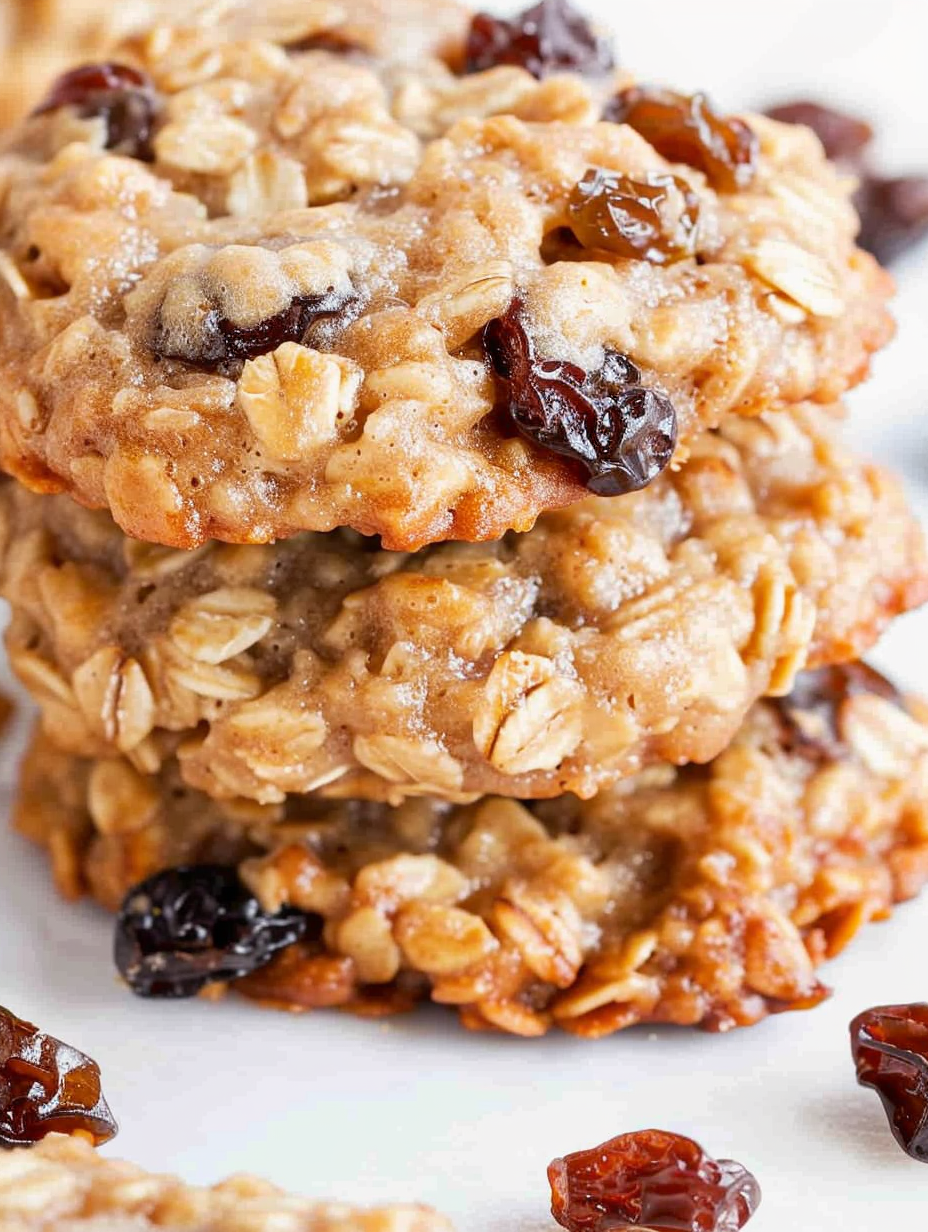 Close up of oatmeal raisin cookies on parchment