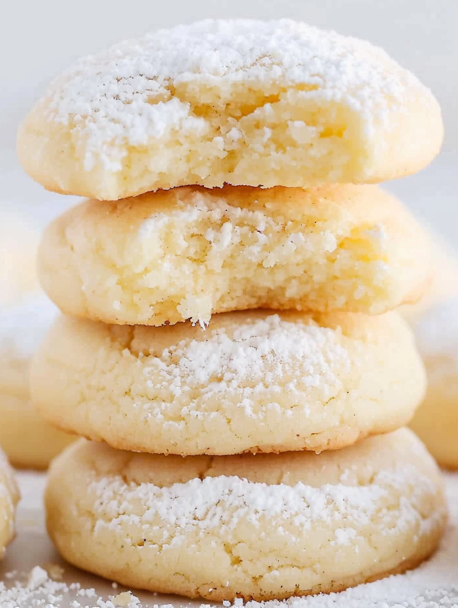 Close-up of cream cheese cookies dusted with powdered sugar