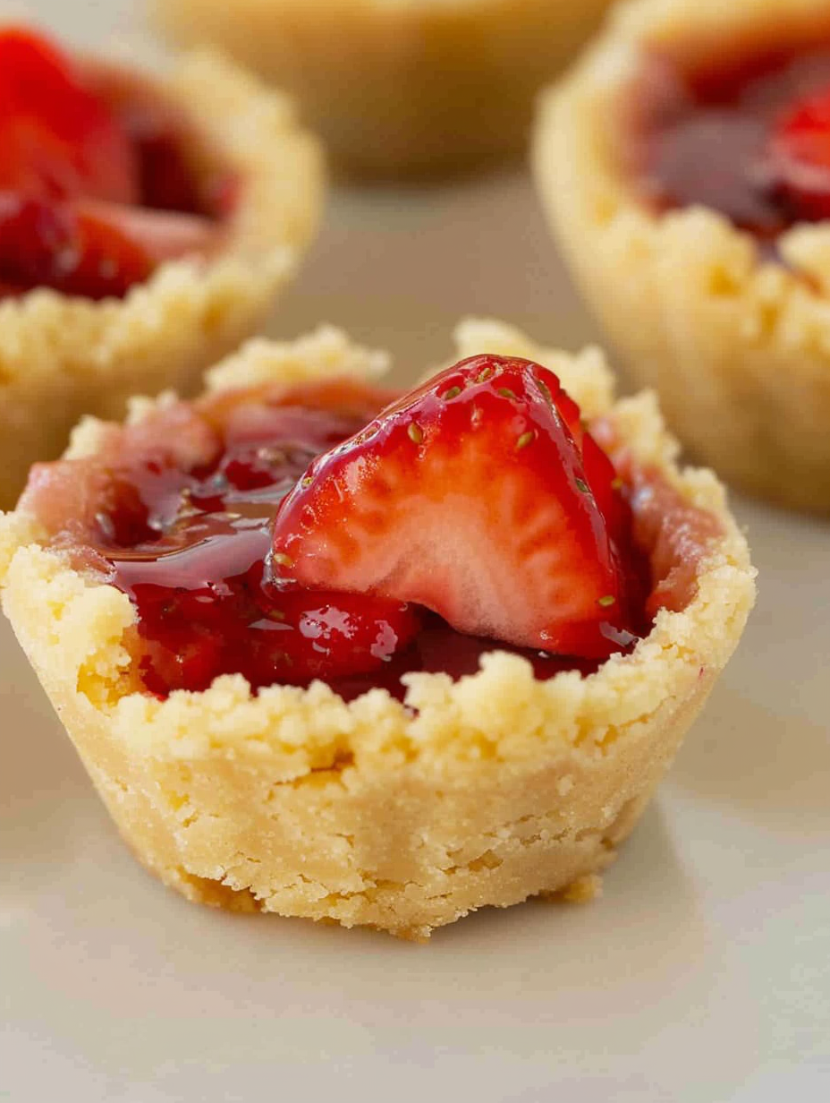 Mini sugar cookie cups filled with cream cheese and topped with strawberries