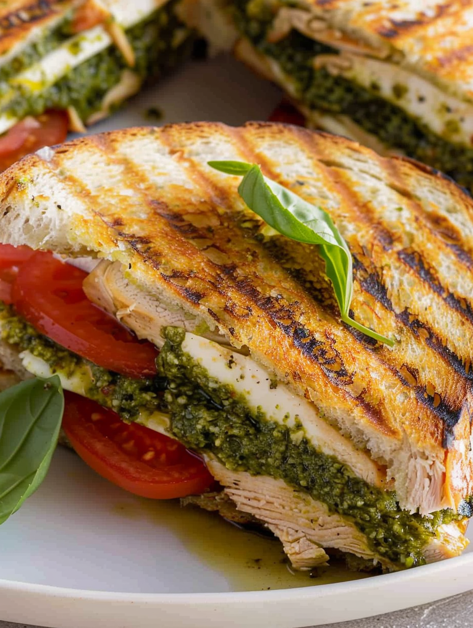 Chicken pesto panini pressed and sliced