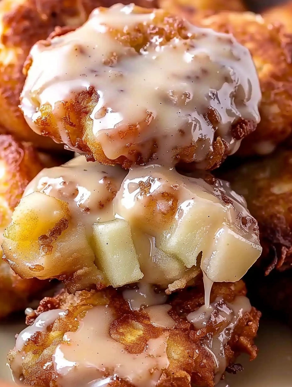 Golden apple fritters cooling on a rack