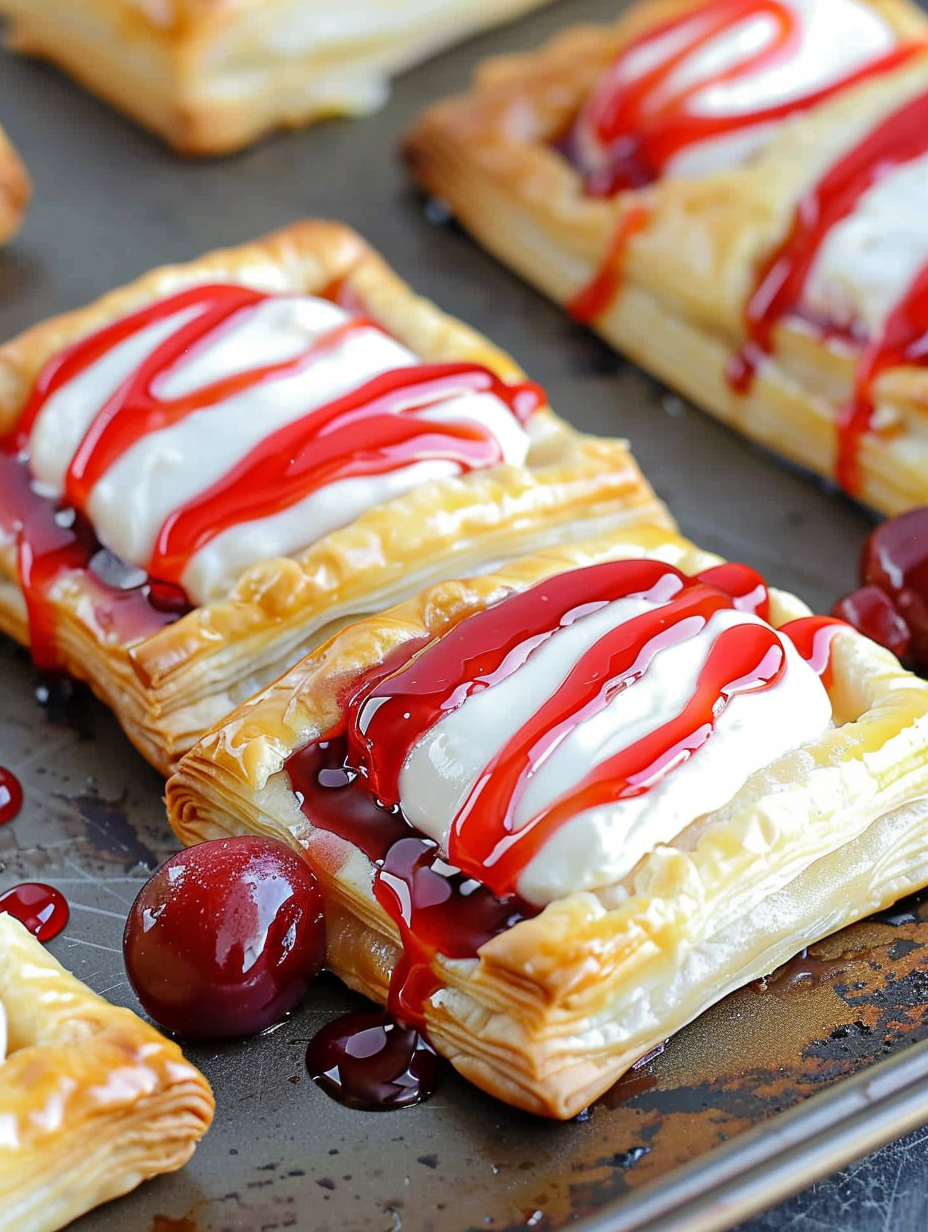 Close-up of cherry and cream cheese filling on pastry