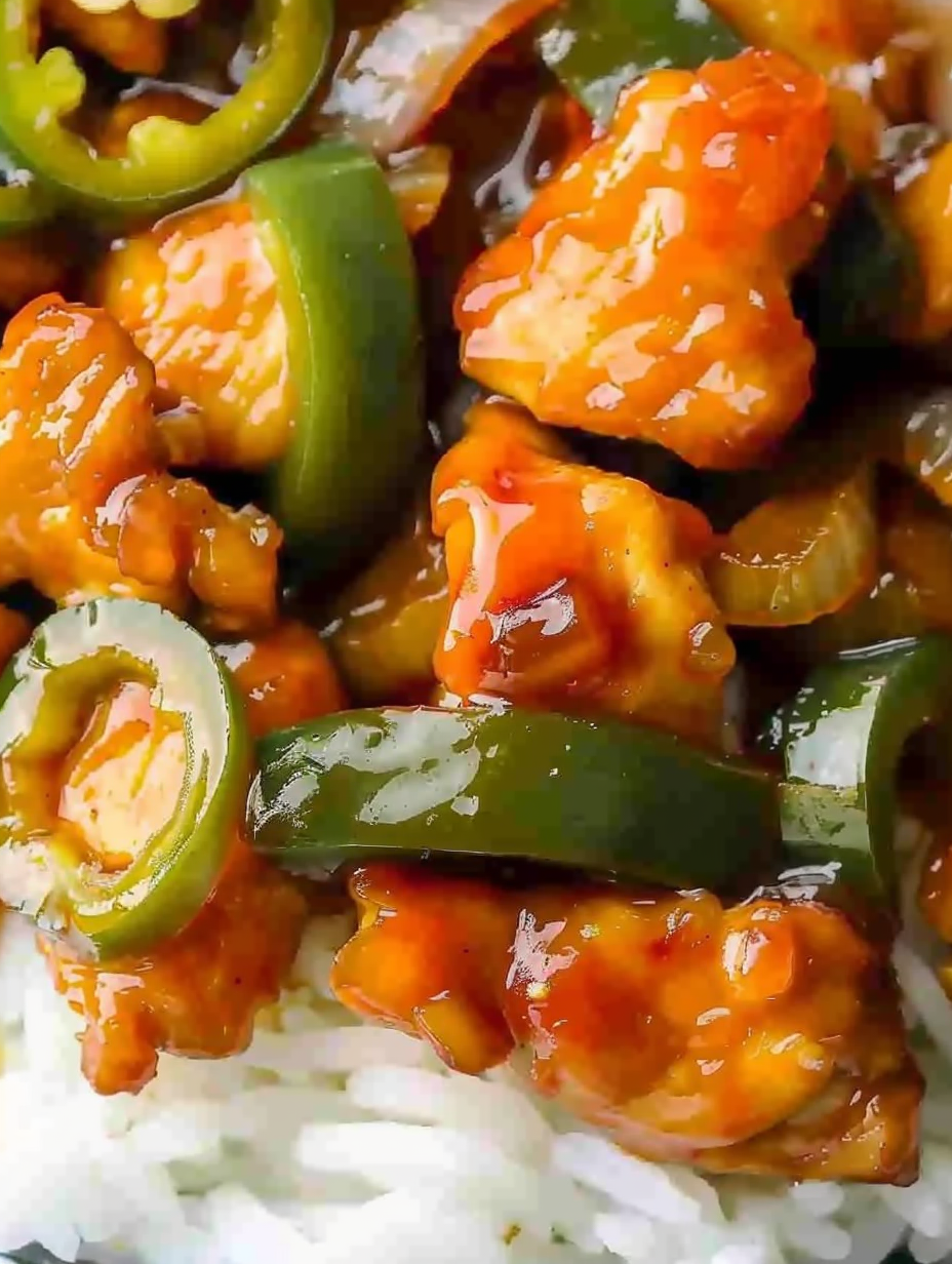 Saucy jalapeño chicken on rice with garnish