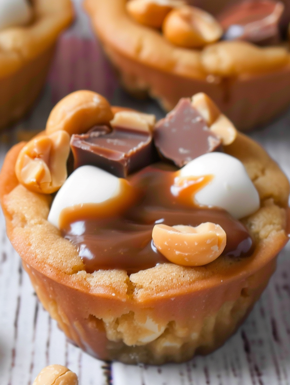 Caramel peanut butter cookie cups cooling in muffin tin