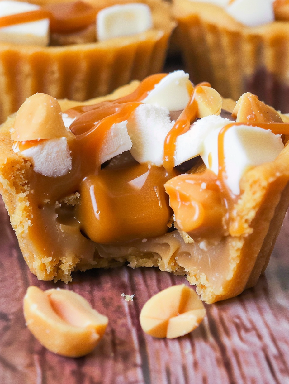 Caramel Peanut Butter Cookie Cups in a muffin tin with toppings