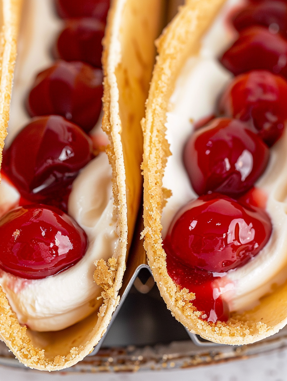 Close up of cherry topped cheesecake taco