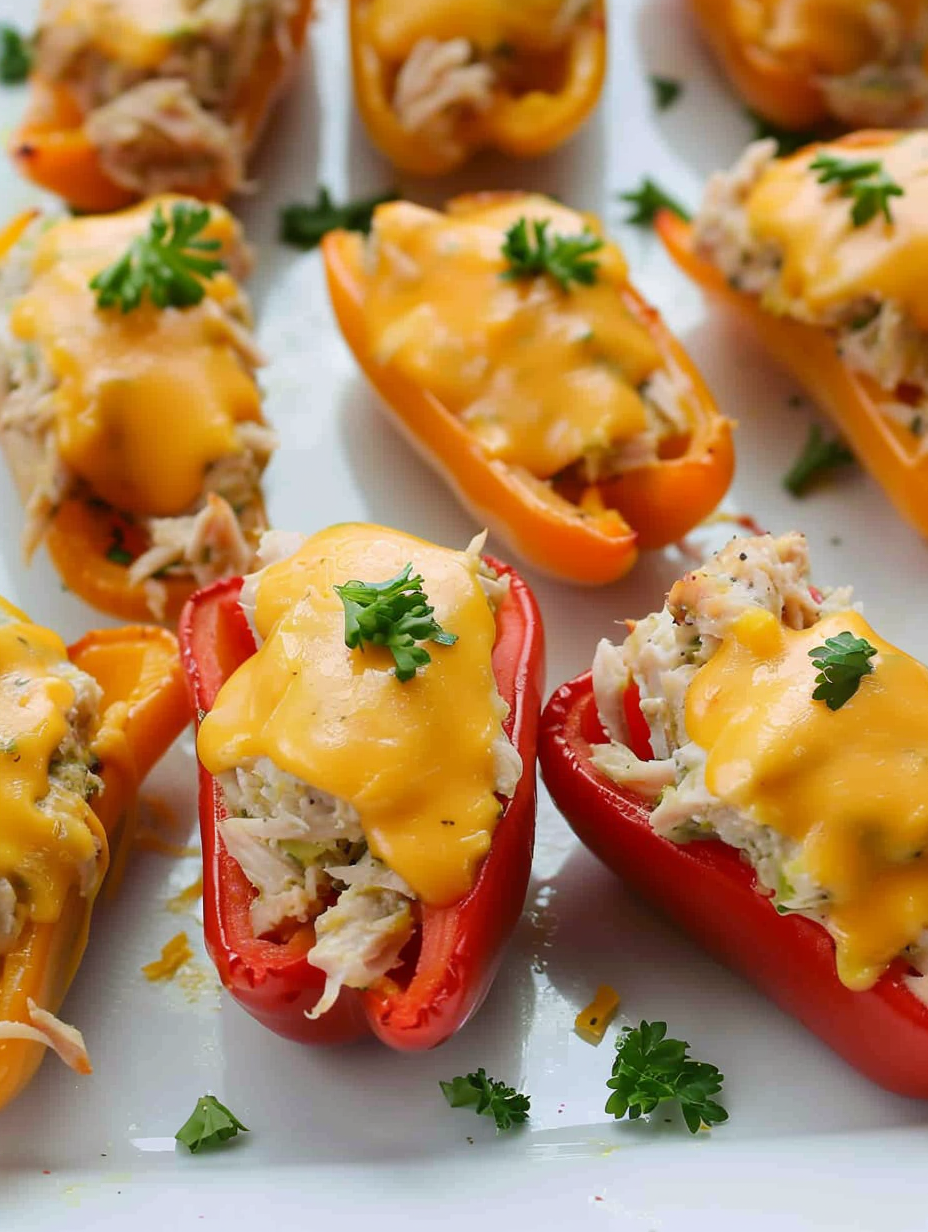 Close-up of a tuna and cheese stuffed mini pepper