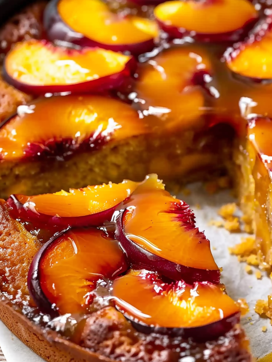 Top view of caramelized peach upside down cake