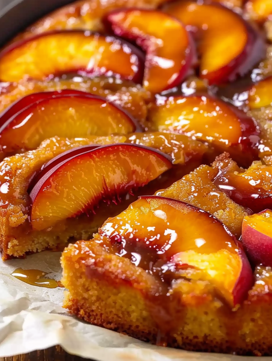 Slice of peach upside down cake on a plate