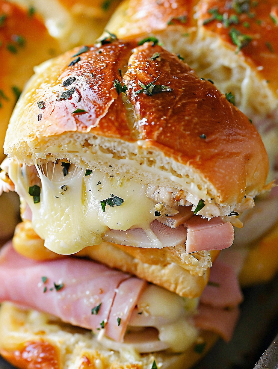 Tray of assembled chicken cordon bleu sliders ready for the oven