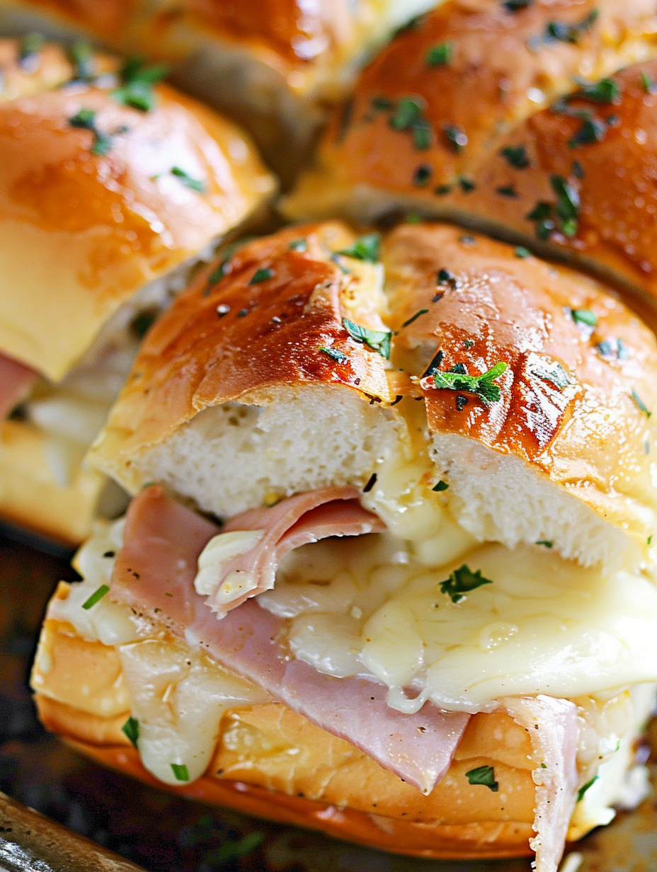 Close up showing melted Swiss and ham layered on chicken in slider