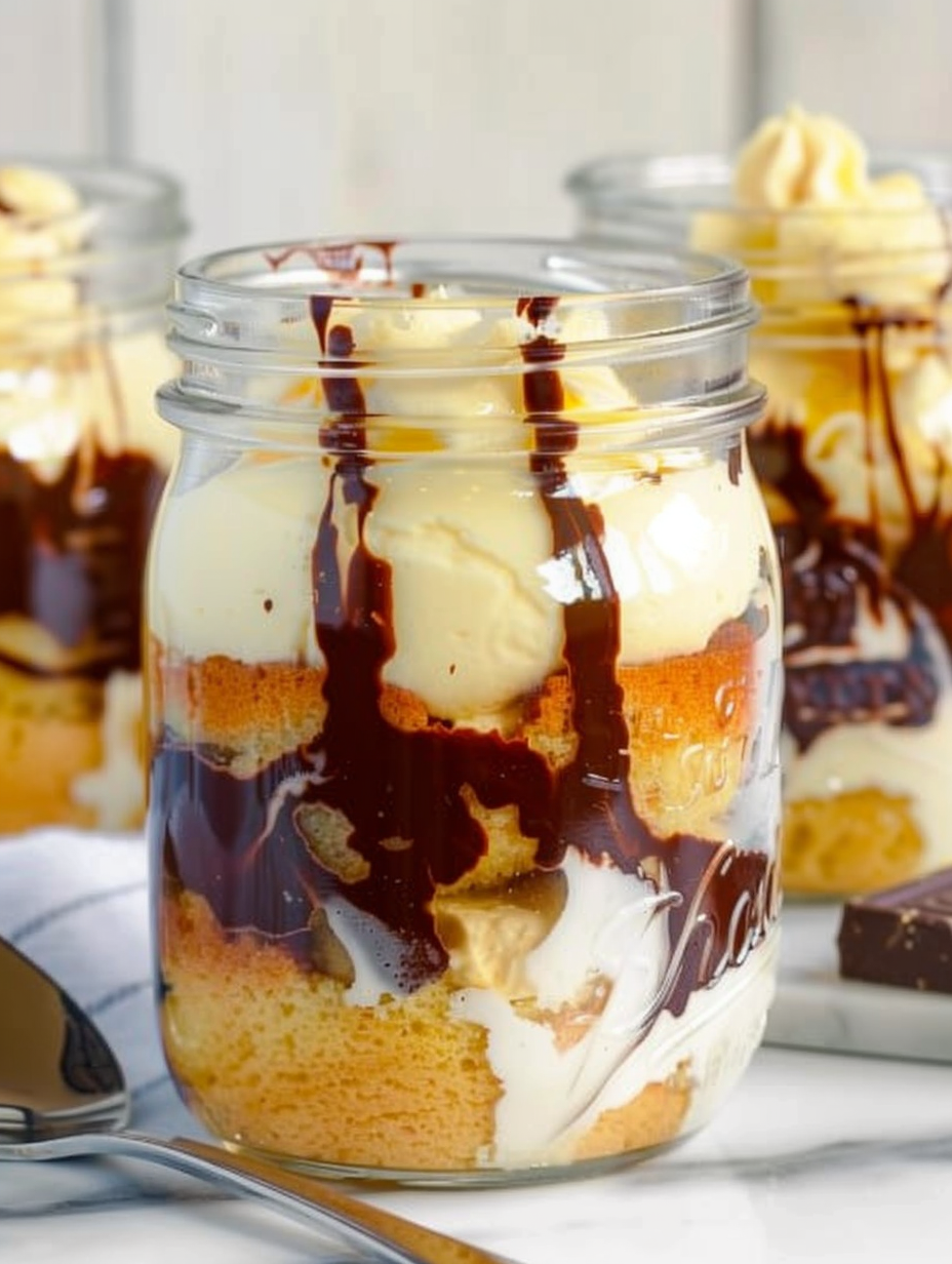 Mason jar Boston cream pie parfait layered in jars