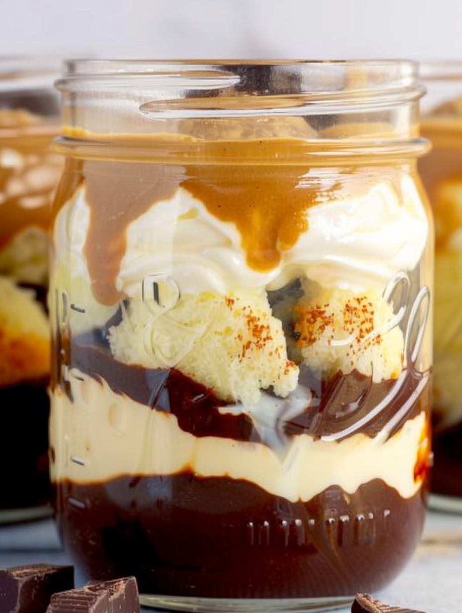 Close up of custard and chocolate layers in jars