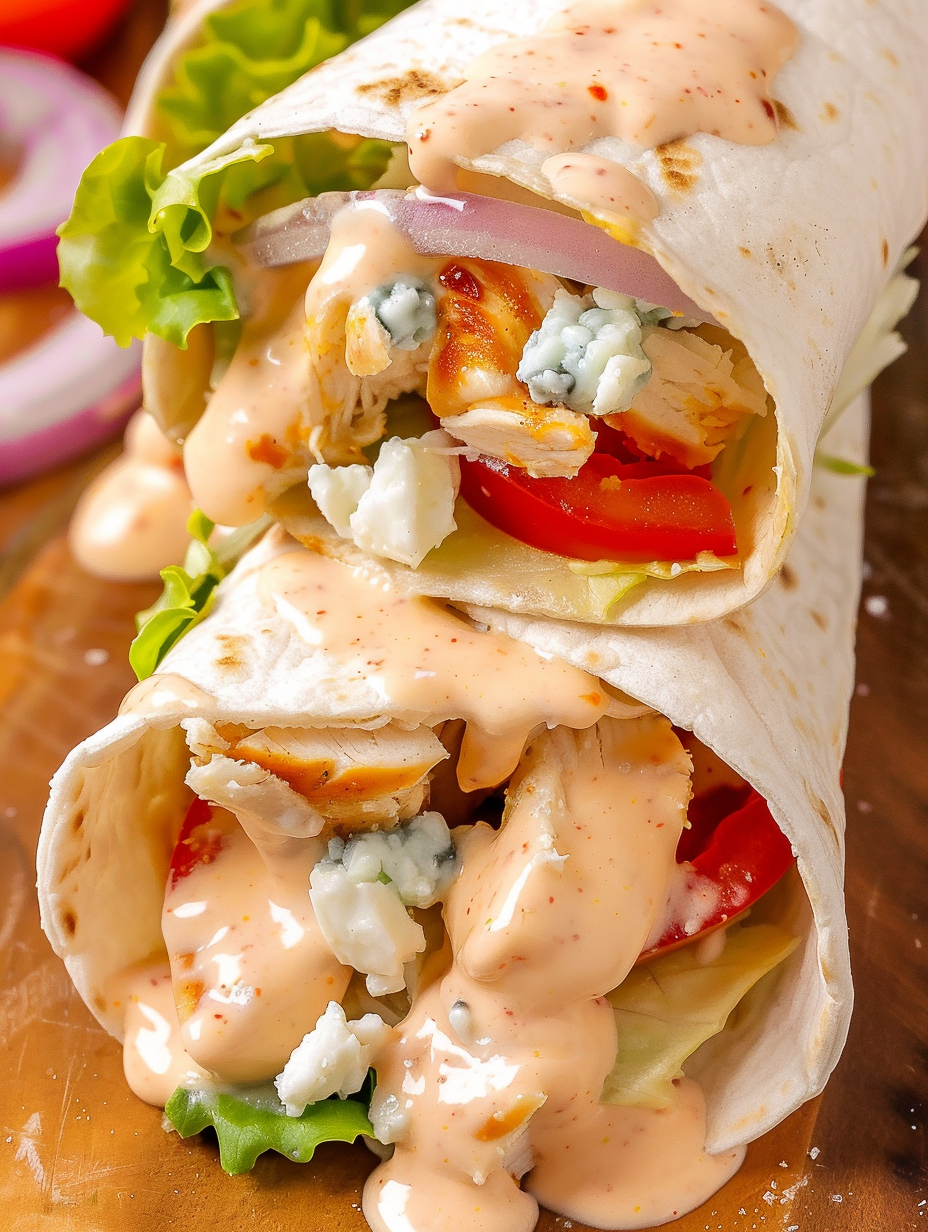 Buffalo Chicken Wraps assembly with shredded chicken and hot sauce