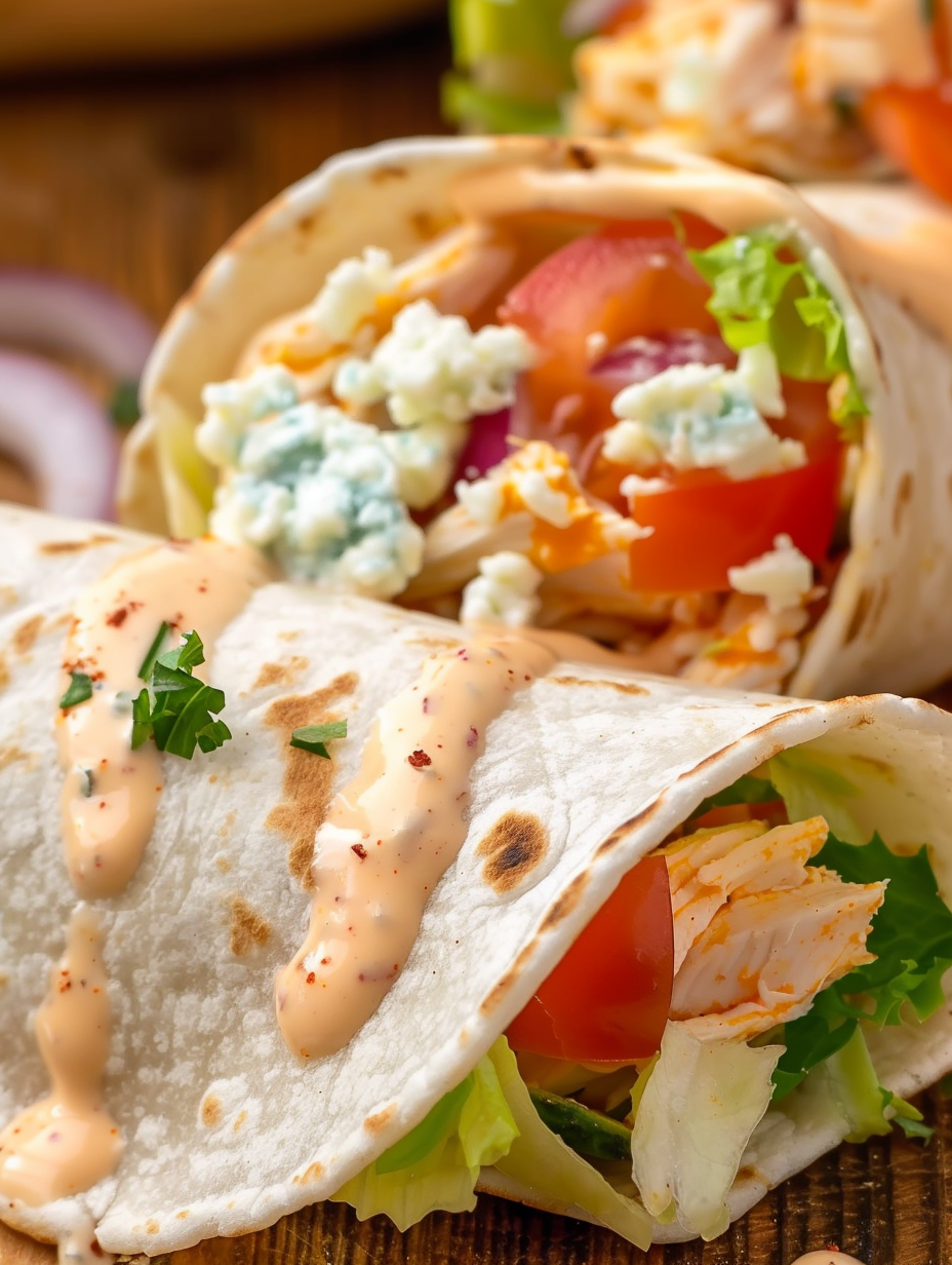 Finished Buffalo Chicken Wrap with bleu cheese crumbles and tomato