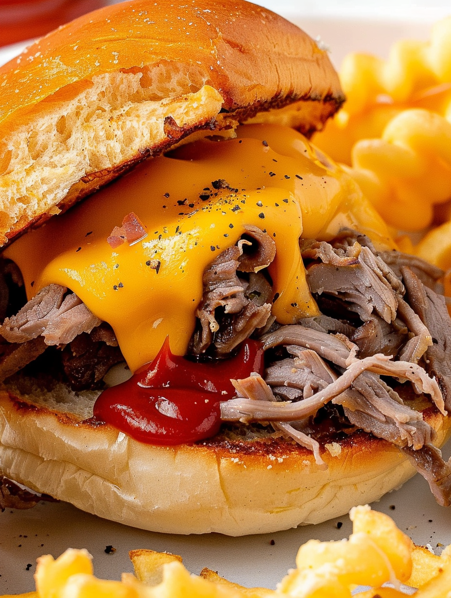 Assembled Beef n Cheddar sandwich on a plate