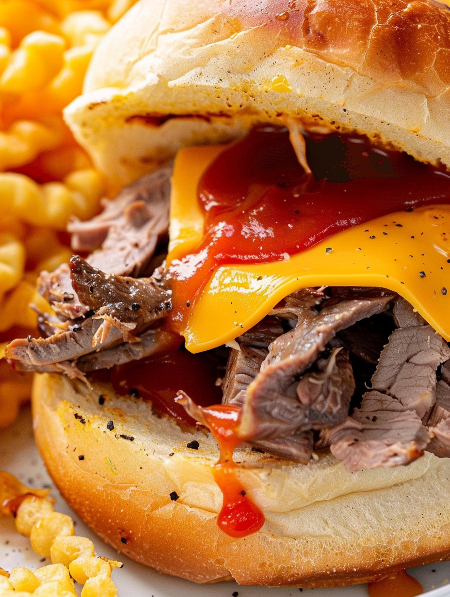 Cheese sauce being poured over warm roast beef