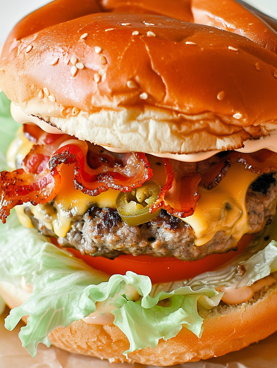 Assembled burger with bacon and toppings