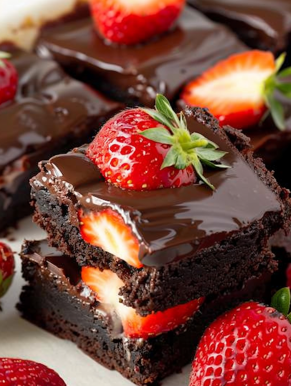 Cut brownies topped with strawberries and glossy chocolate