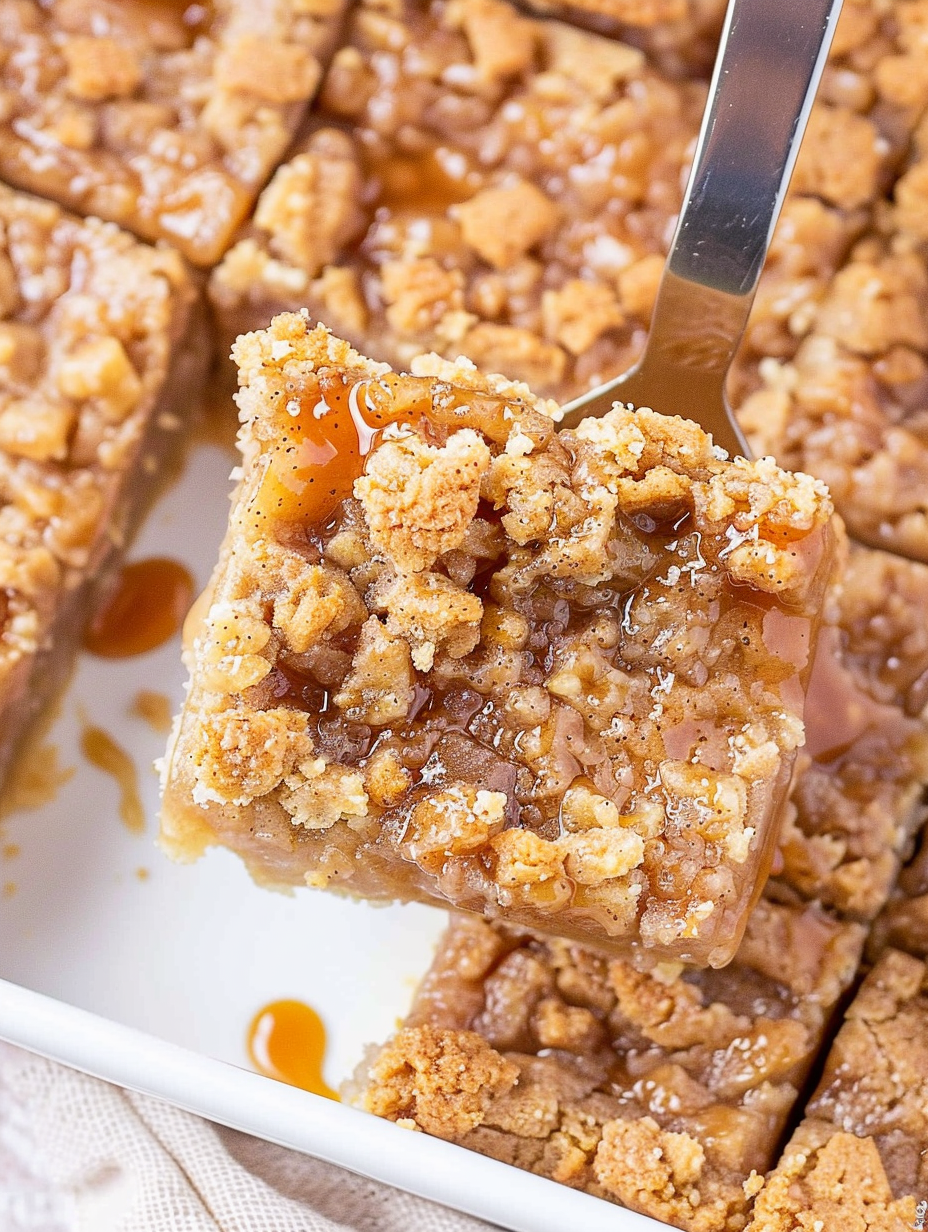 Caramel apple bars in a baking pan, golden streusel on top