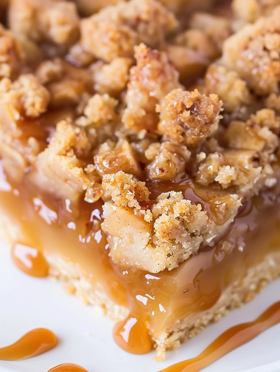 Close-up of caramel drizzled streusel over apples