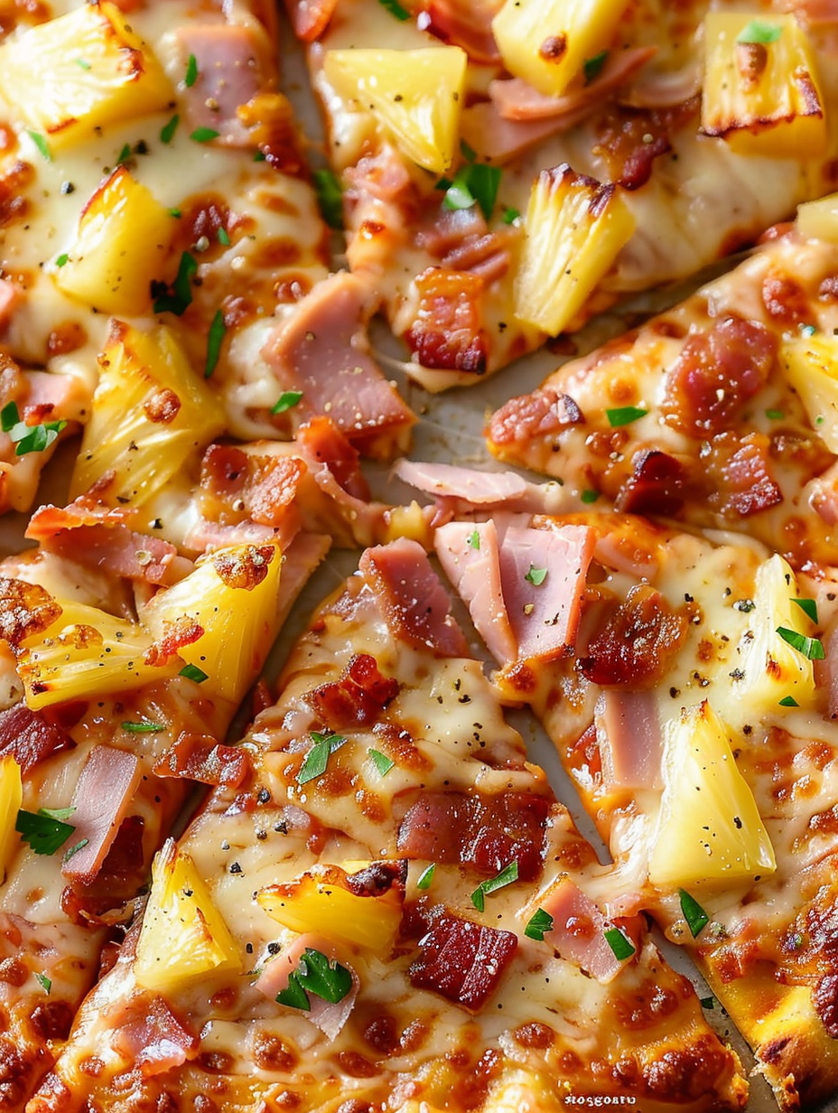 Hawaiian pizza with ham, pineapple, and bacon on a wooden board
