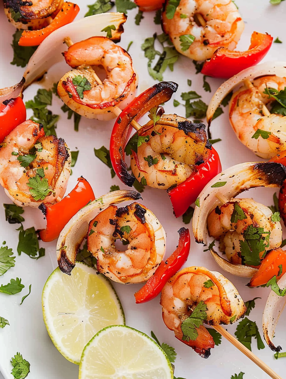 Grilled brochetas de camaron on platter