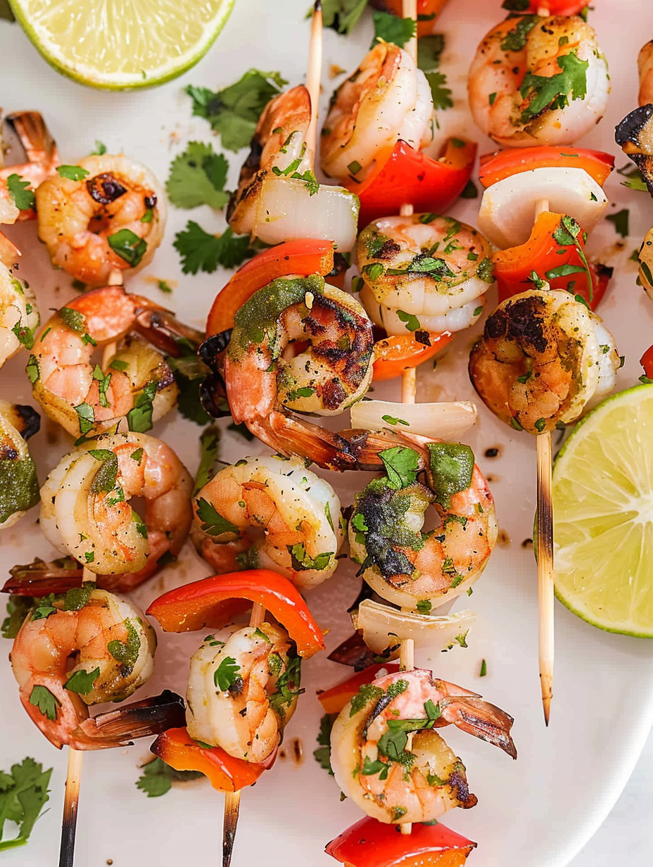 Close-up of seasoned shrimp on skewer