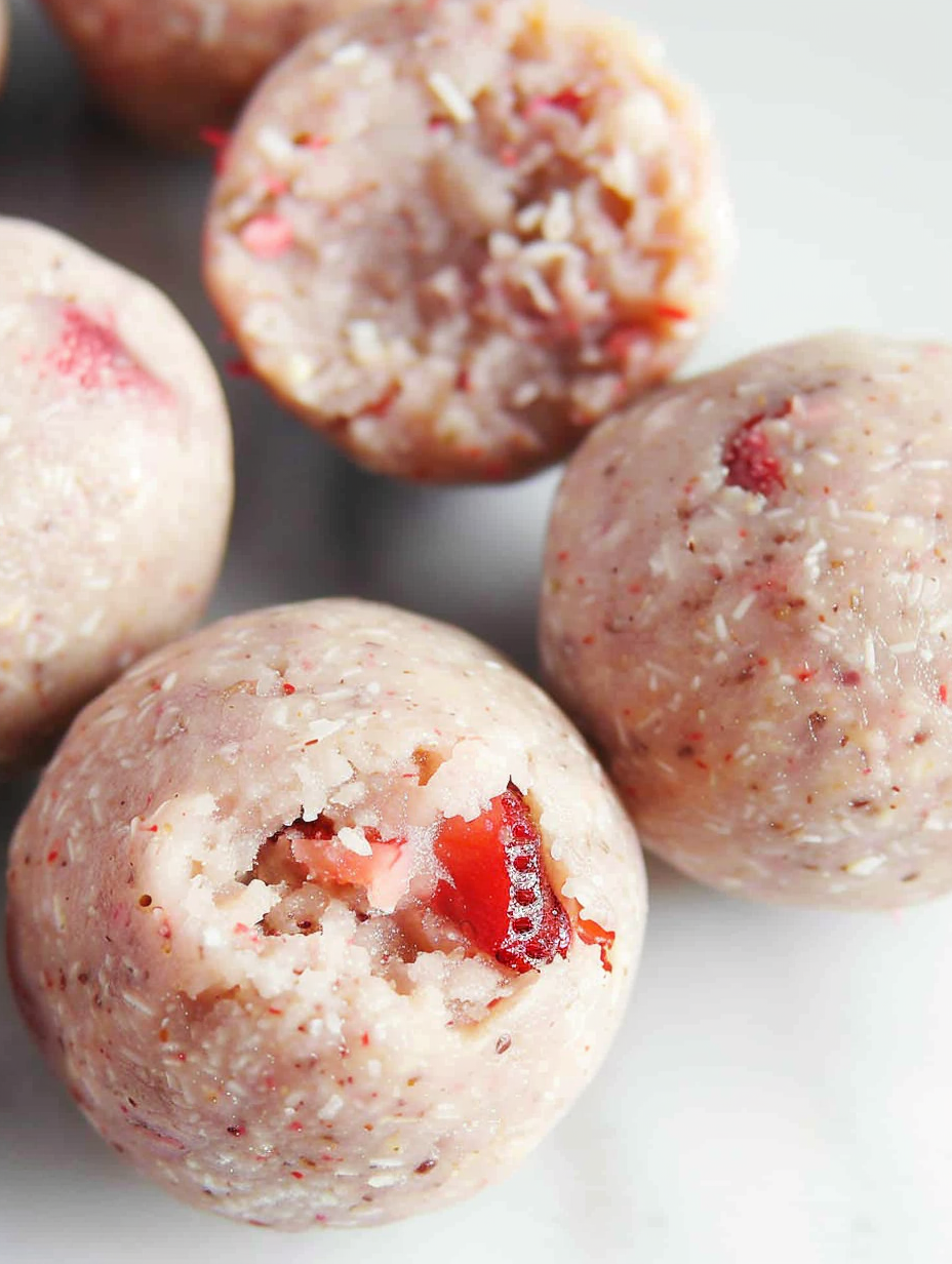 Close up of a single strawberry protein ball on a wooden board