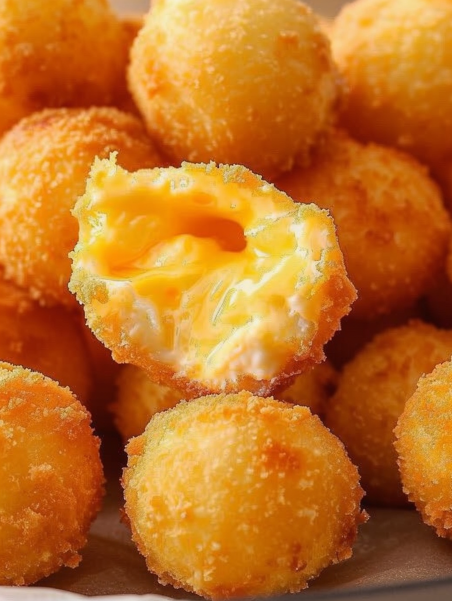 close up of a cheese ball showing gooey center