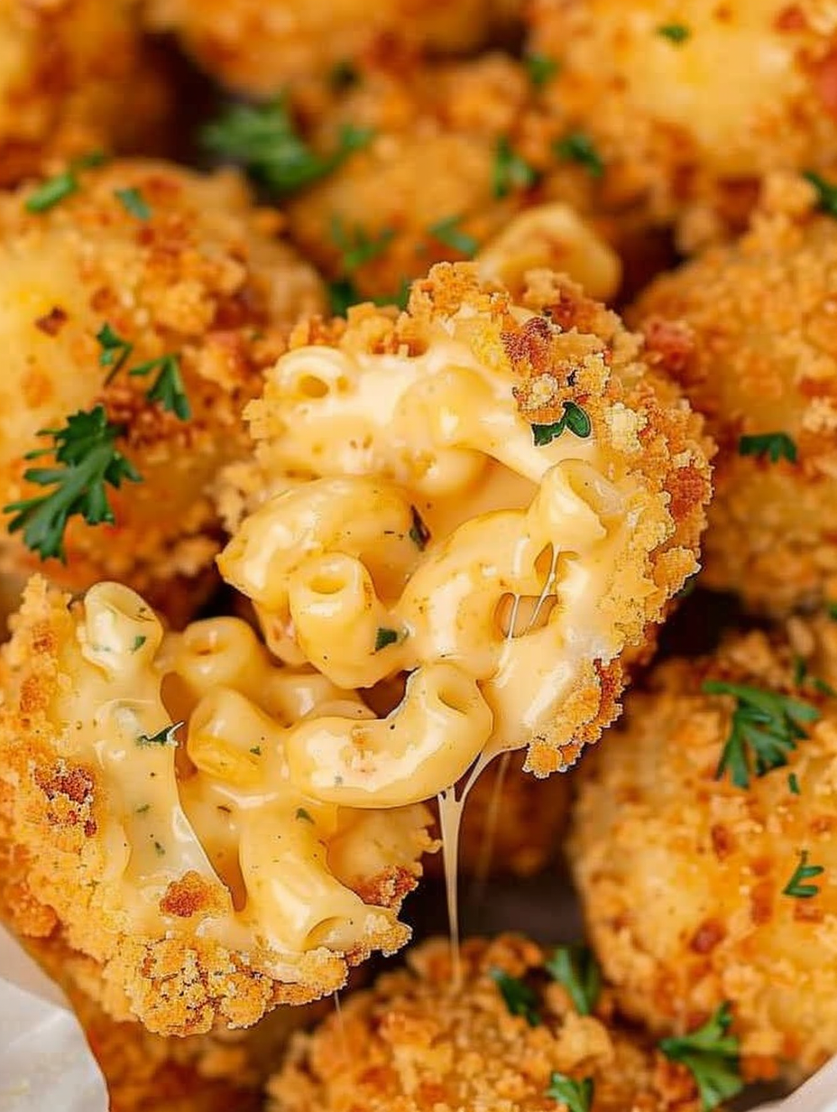 Golden fried mac and cheese balls on a platter