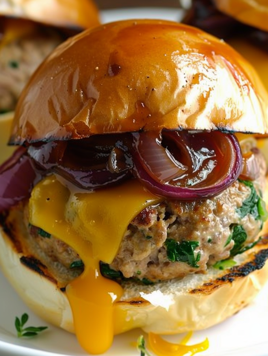 Double cheddar stuffed turkey burger on toasted bun with caramelized onions