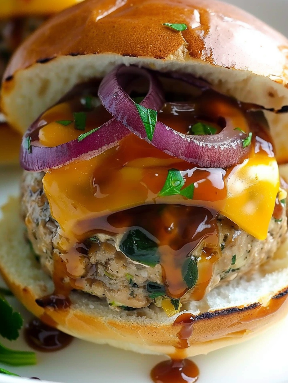 Skillet with caramelized onions next to a stack of buns