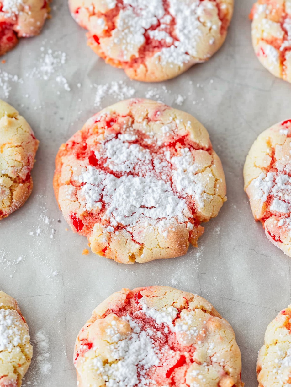 Close up of powdered sugar dusted Red Hot Cookies