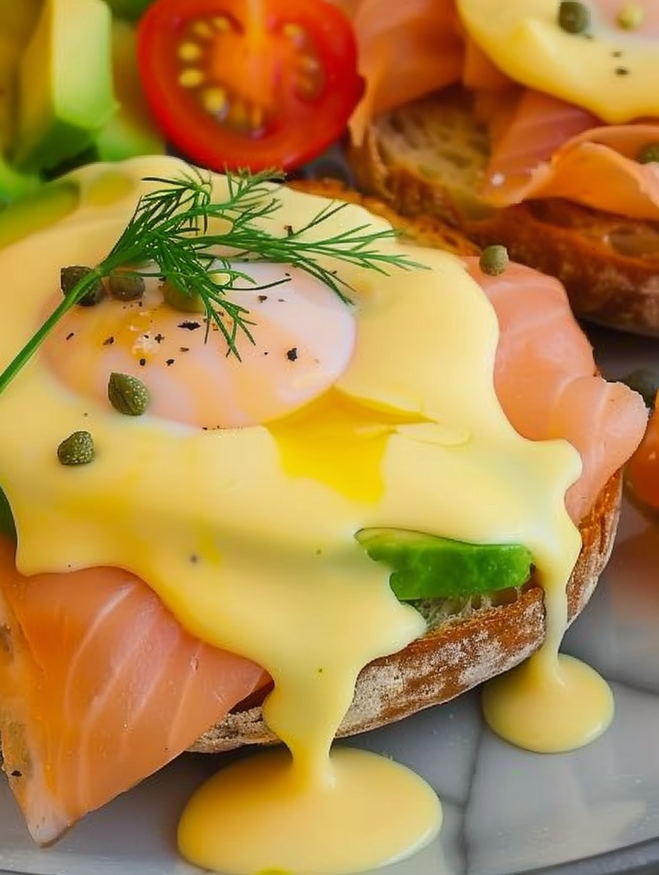Plated smoked salmon eggs benedict with avocado and hollandaise