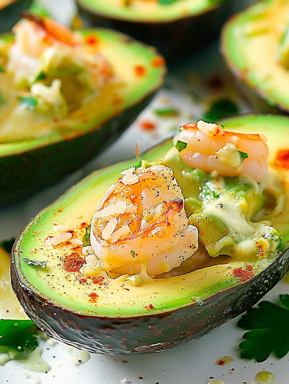 Baked shrimp stuffed avocados on a baking sheet