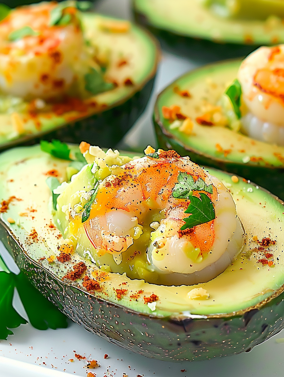 Close up of baked shrimp stuffed avocado with paprika garnish
