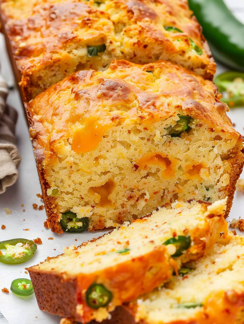 Freshly baked jalapeño cheddar bread cooling on a wire rack