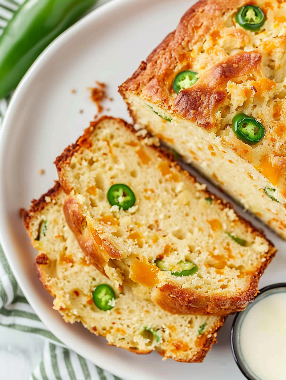 Sliced jalapeño cheddar bread showing melty cheese and jalapeño pieces