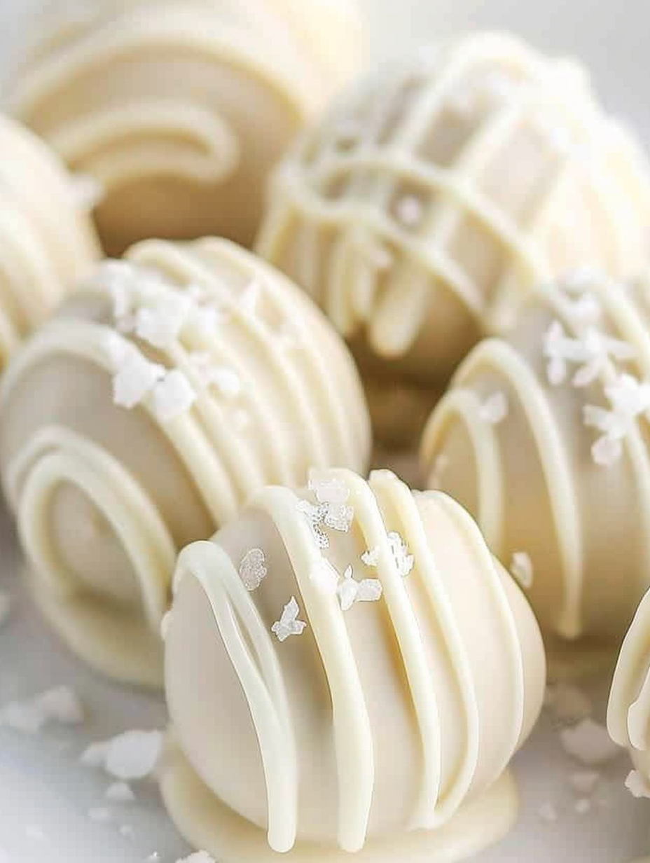 White chocolate peanut butter balls on a baking sheet with flaked sea salt