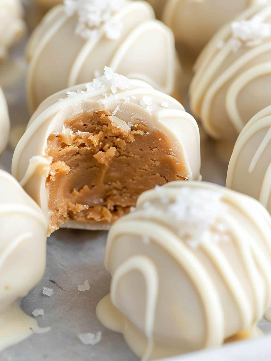 Close-up of a white chocolate peanut butter ball with sea salt