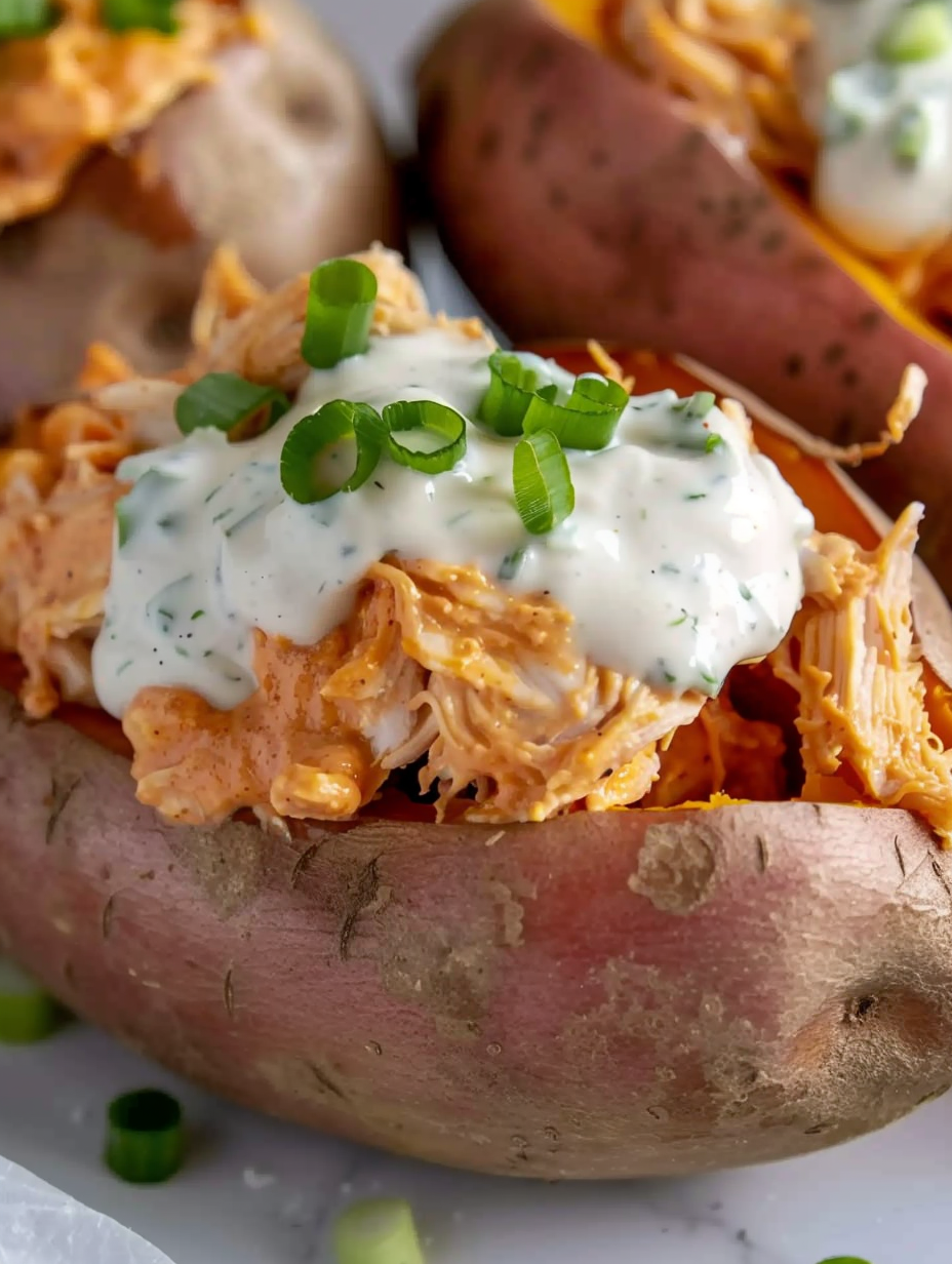 Baked sweet potato stuffed with buffalo chicken and ranch