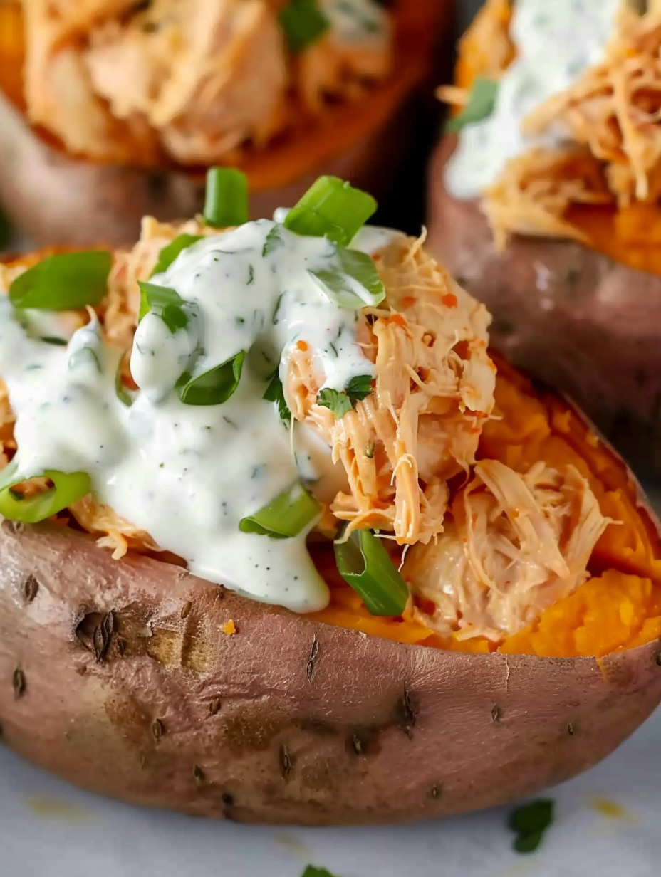 Two stuffed sweet potatoes on a serving board