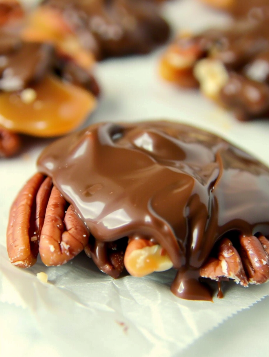 Closeup of chocolate top on turtle cluster