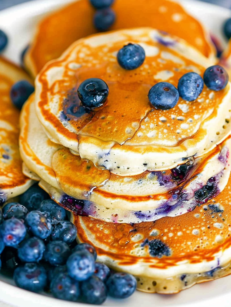 Stack of fluffy blueberry pancakes drizzled with syrup