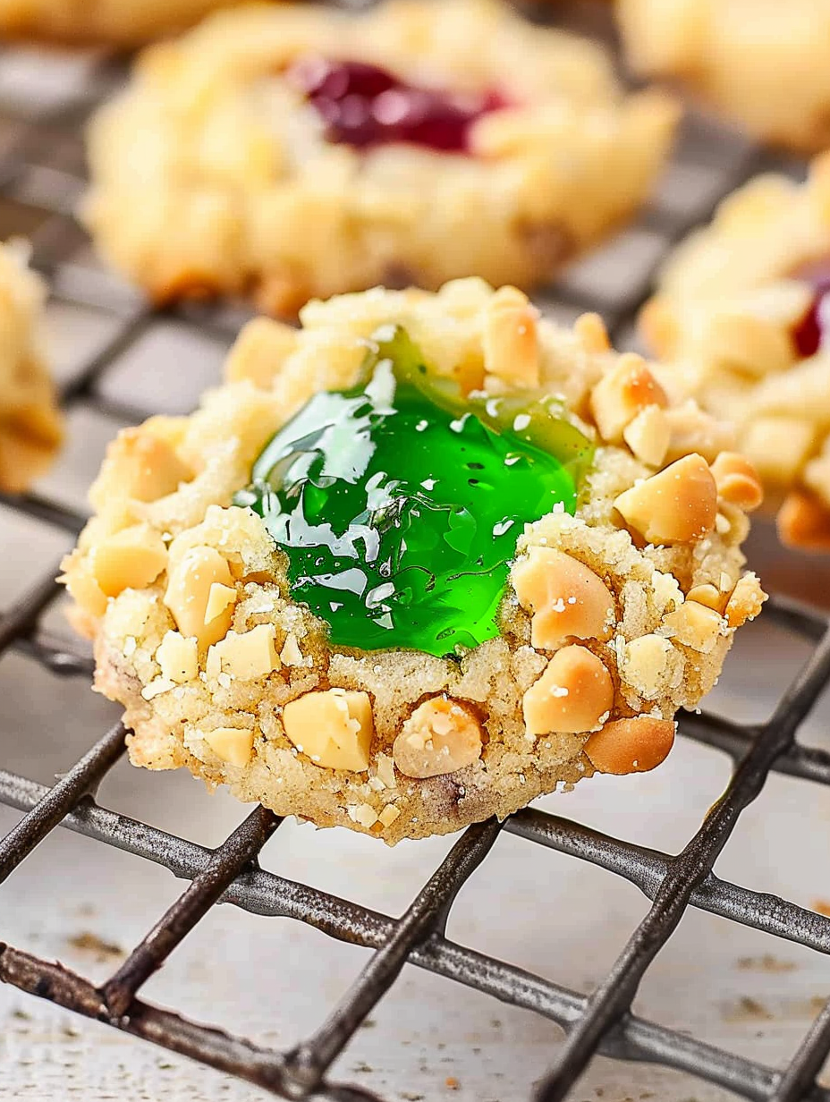 Tray of colorful thumbprint cookies with red and green jellies