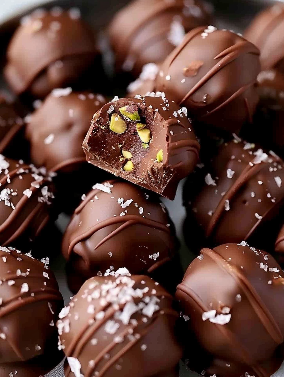 Tray of chocolate pistachio truffles on parchment