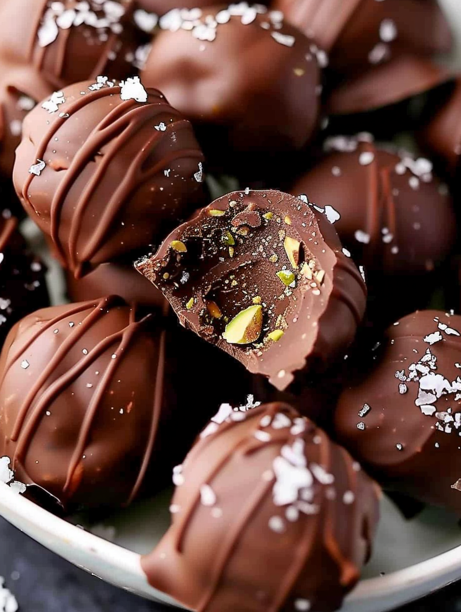 Close-up of a salted chocolate truffle with pistachio