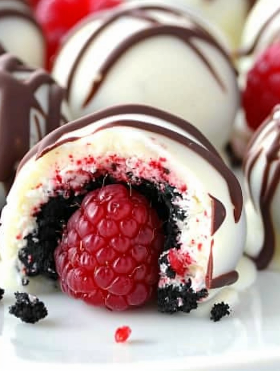 White Chocolate Raspberry Oreo Balls on parchment